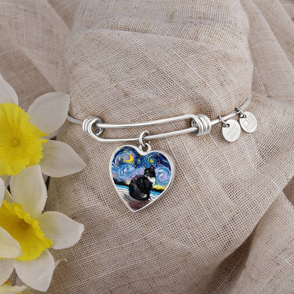 Tuxedo Cat with Green Eyes Starry Night Heart Bangle