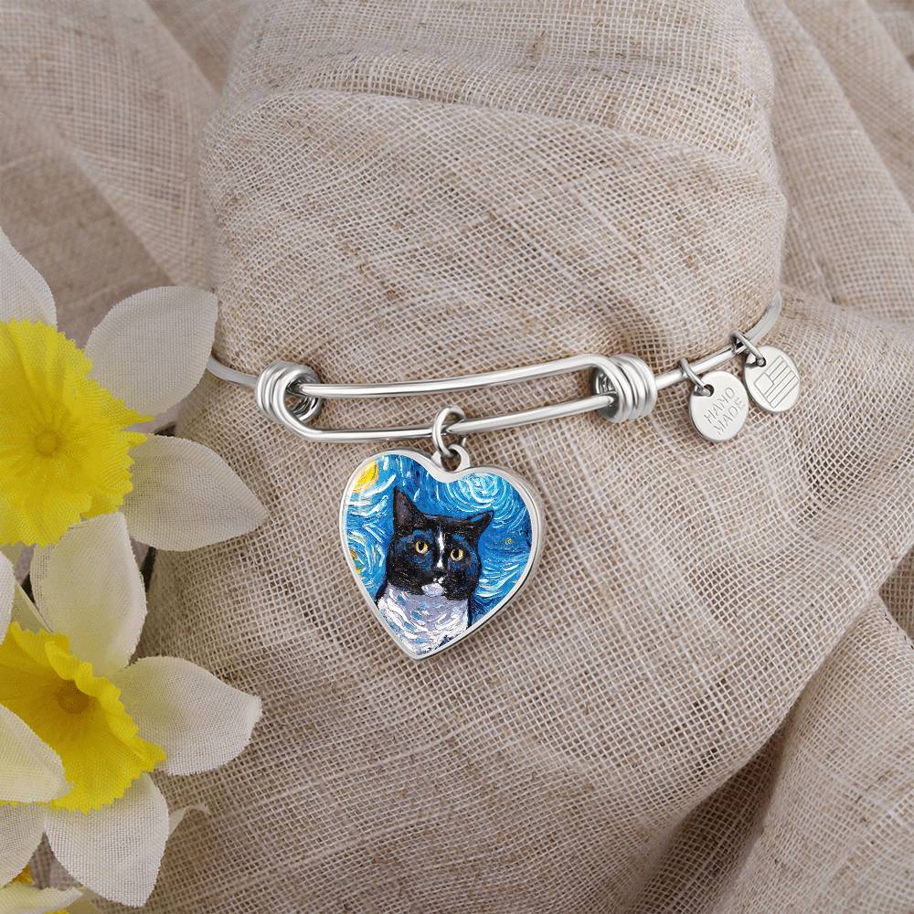 Tuxedo Cat Portrait Heart Bracelet