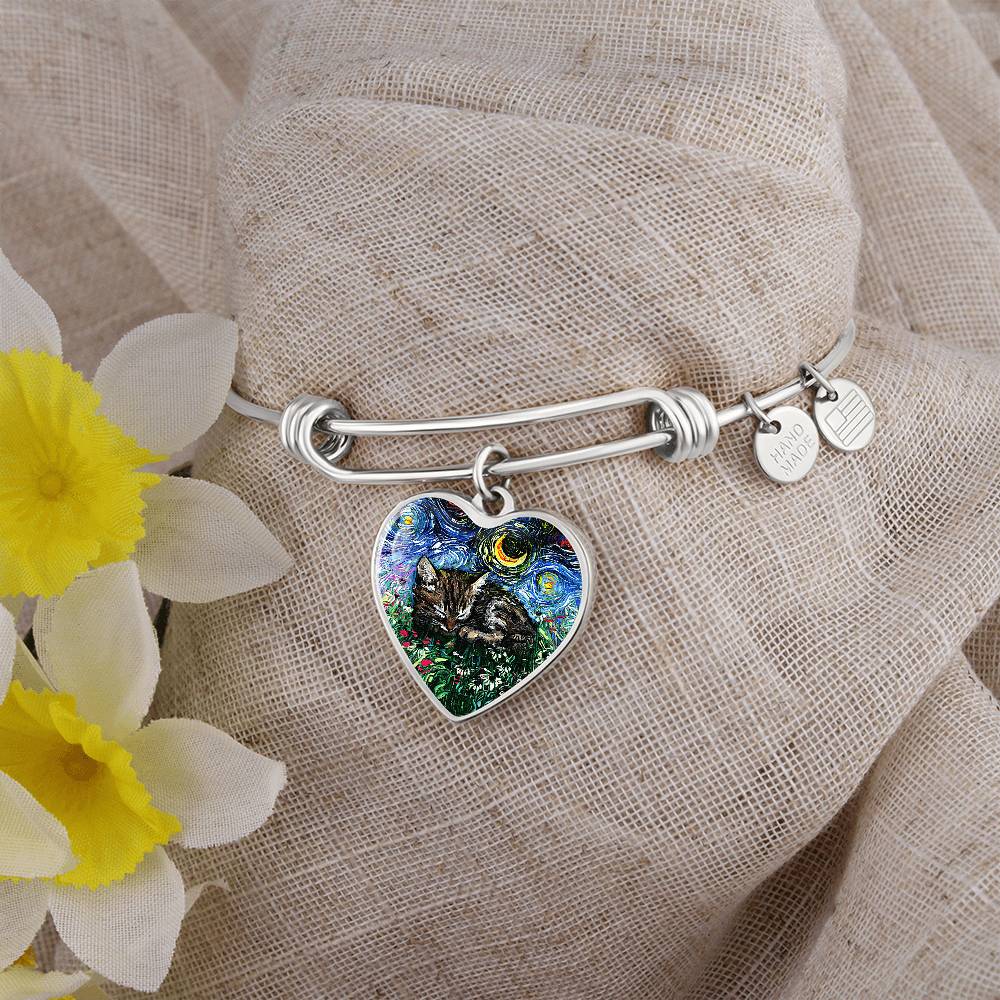Sleeping Tabby Kitten Starry Night Heart Bangle