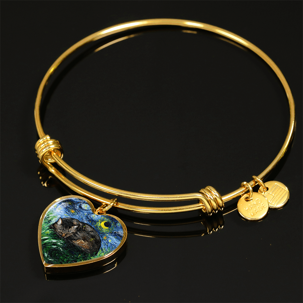Sleeping Brown Tabby Cat Starry Night Heart Bangle Bracelet