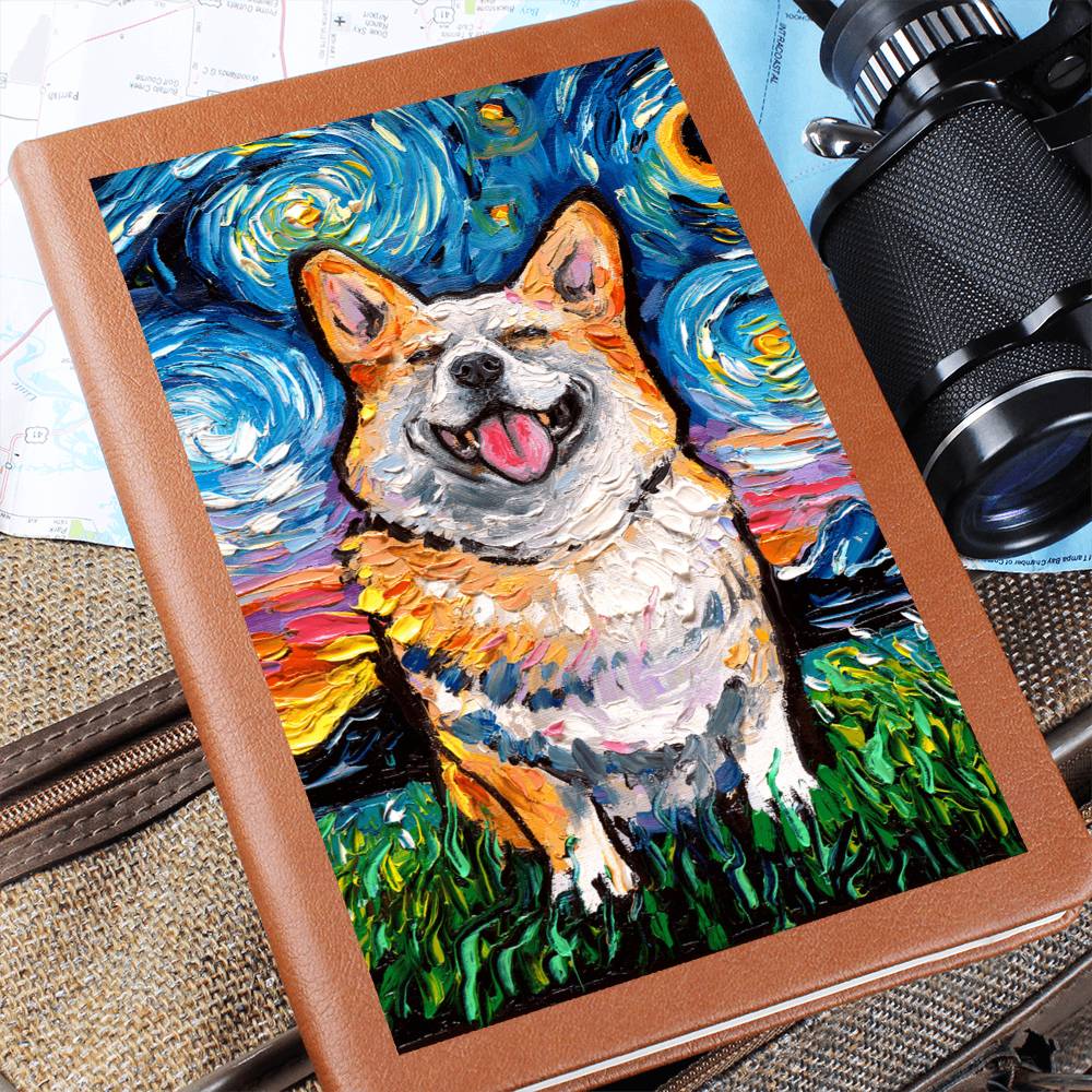 Smiling Corgi Starry Night Leather Journal