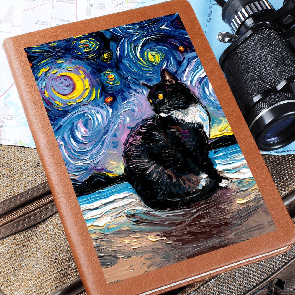 Tuxedo Cat Starry Night Leather Journal