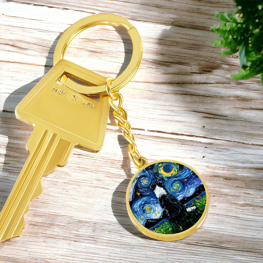 Border Collie Back Starry Night Round Keychain