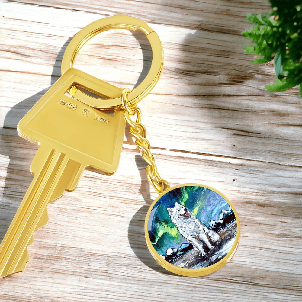 Samoyed and Northern Lights Round Keychain