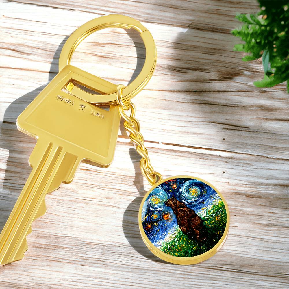 Tortoiseshell Cat Starry Night Round Keychain