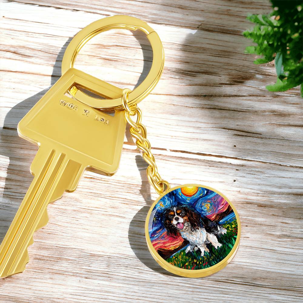 Tri Color Cavalier King Charles Spaniel Starry Night Round Keychain