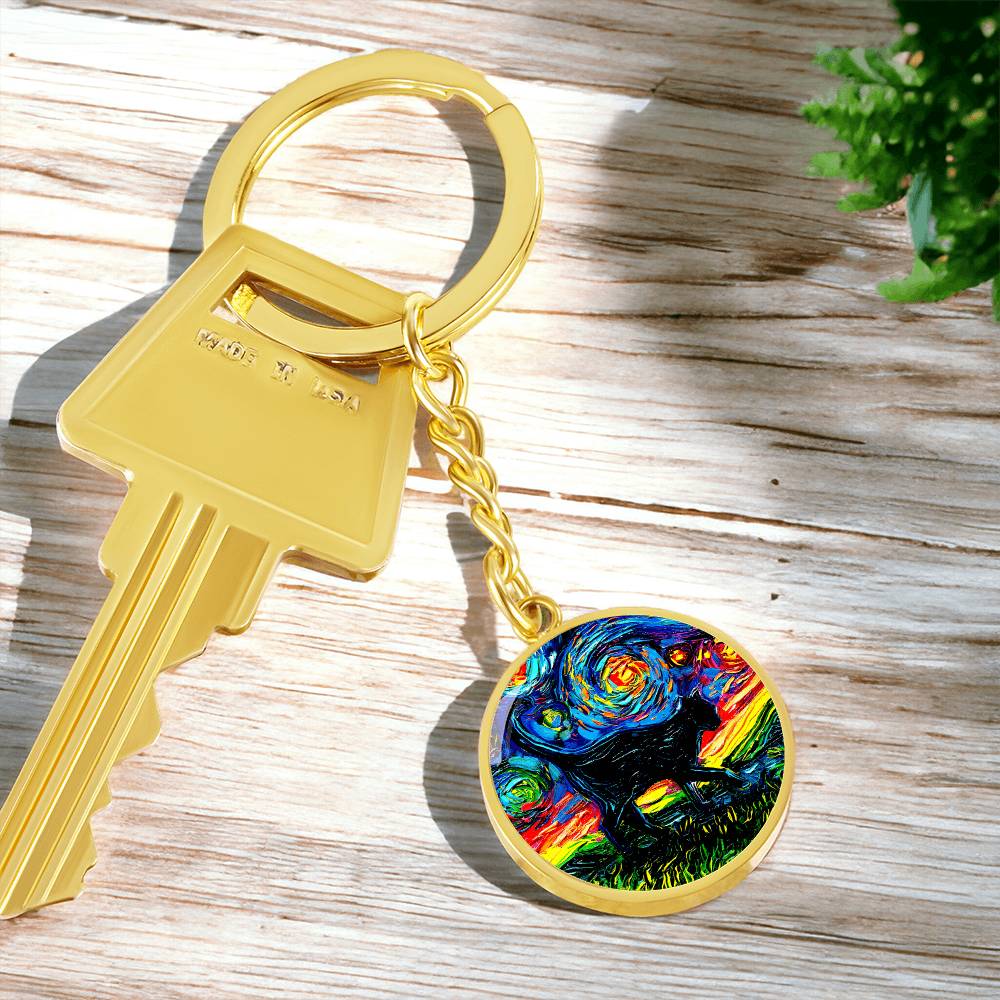 Black Cat Silhouette Starry Night Round Keychain