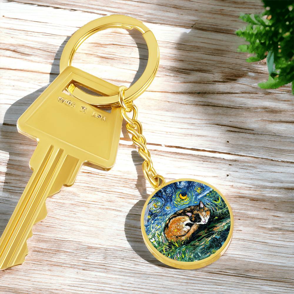 Sleeping Calico Cat Starry Night Round Keychain