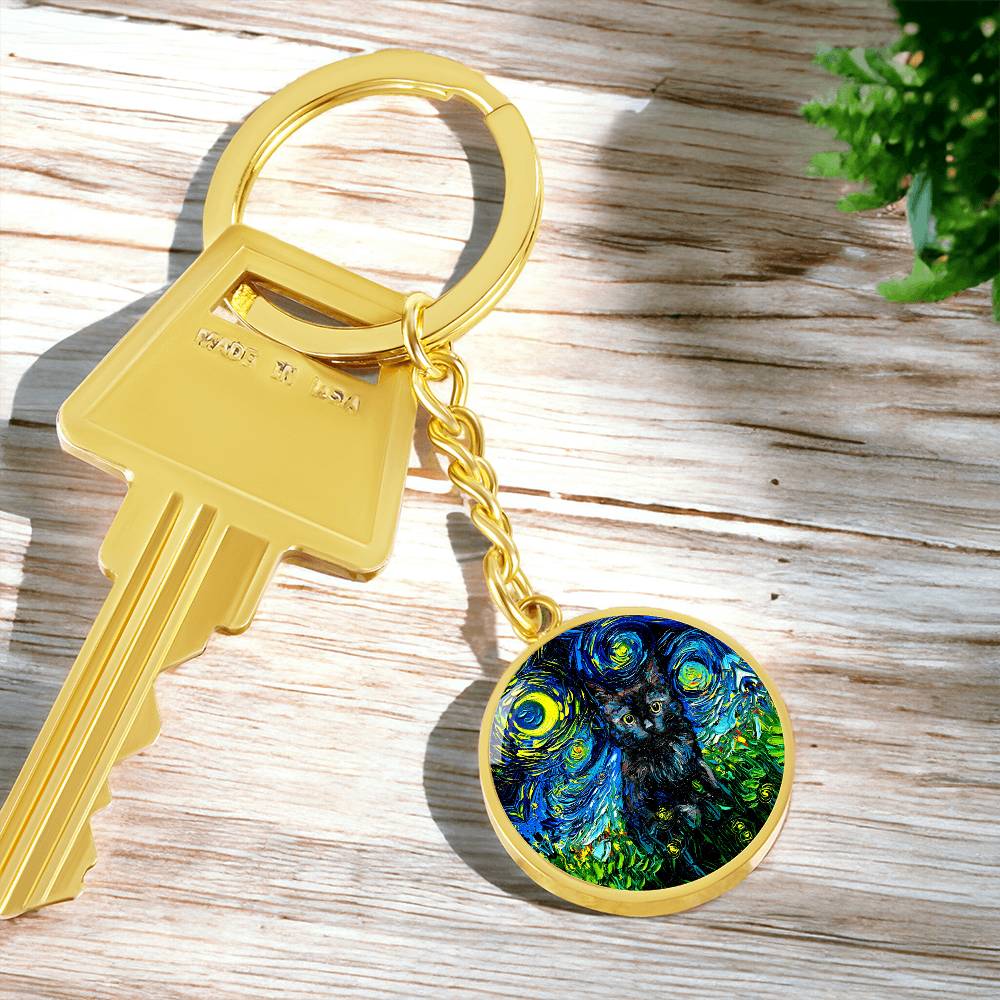 Black Cat Starry Night Round Keychain
