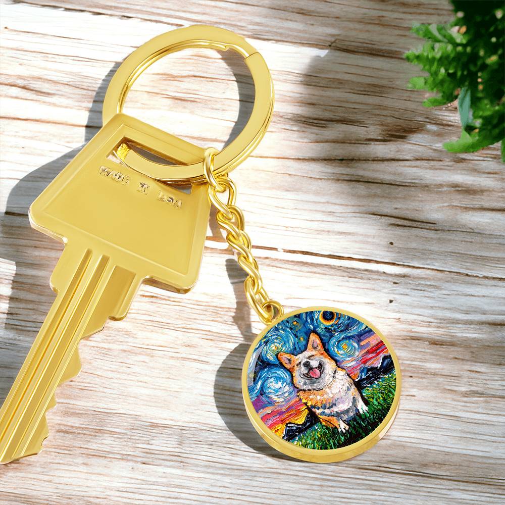 Smiling Corgi Starry Night Round Keychain
