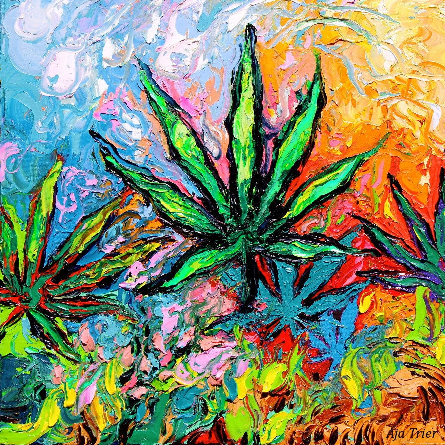 Pot Leaf Art Print Marijuana Cannabis Psychedelic artwork Free Your Mind by Aja 5x5 8x8 10x10 12x12 20x20 and 24x24 choose