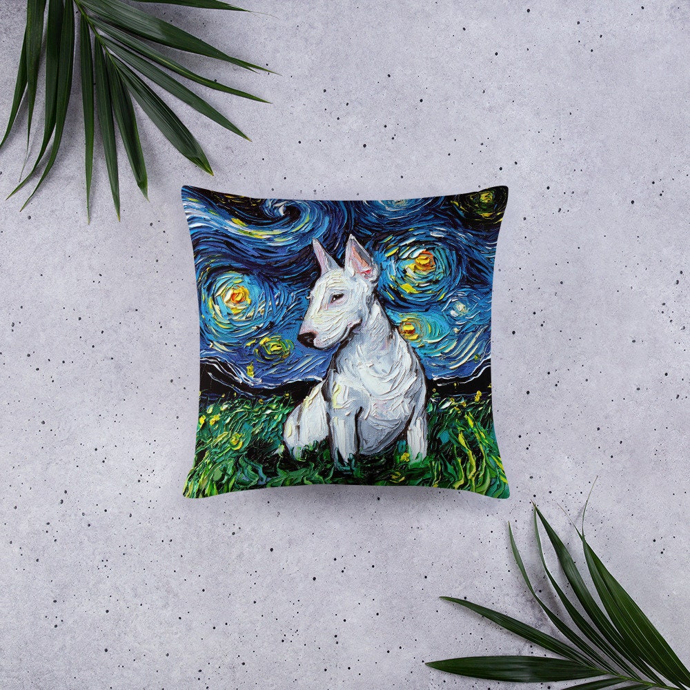 Bull Terrier Throw Pillow Starry Night Dog Art by Aja 18x18 inch cover 16x16 inches stuffed comes with insert accent pillow home decor
