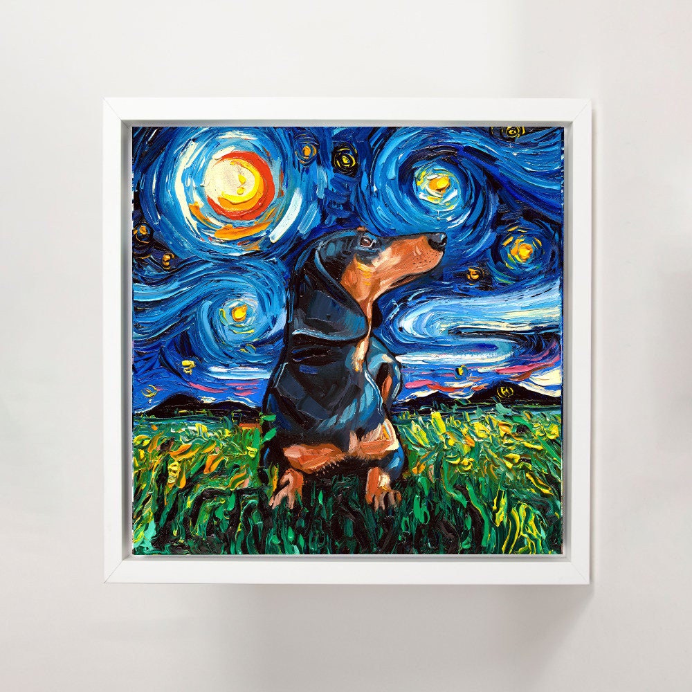 Black and Tan Short haired Dachshund Art FRAMED CANVAS print starry night dog Aja 8x8 10x10 12x12 16x16 20x20 24x24, 30x30 choose size