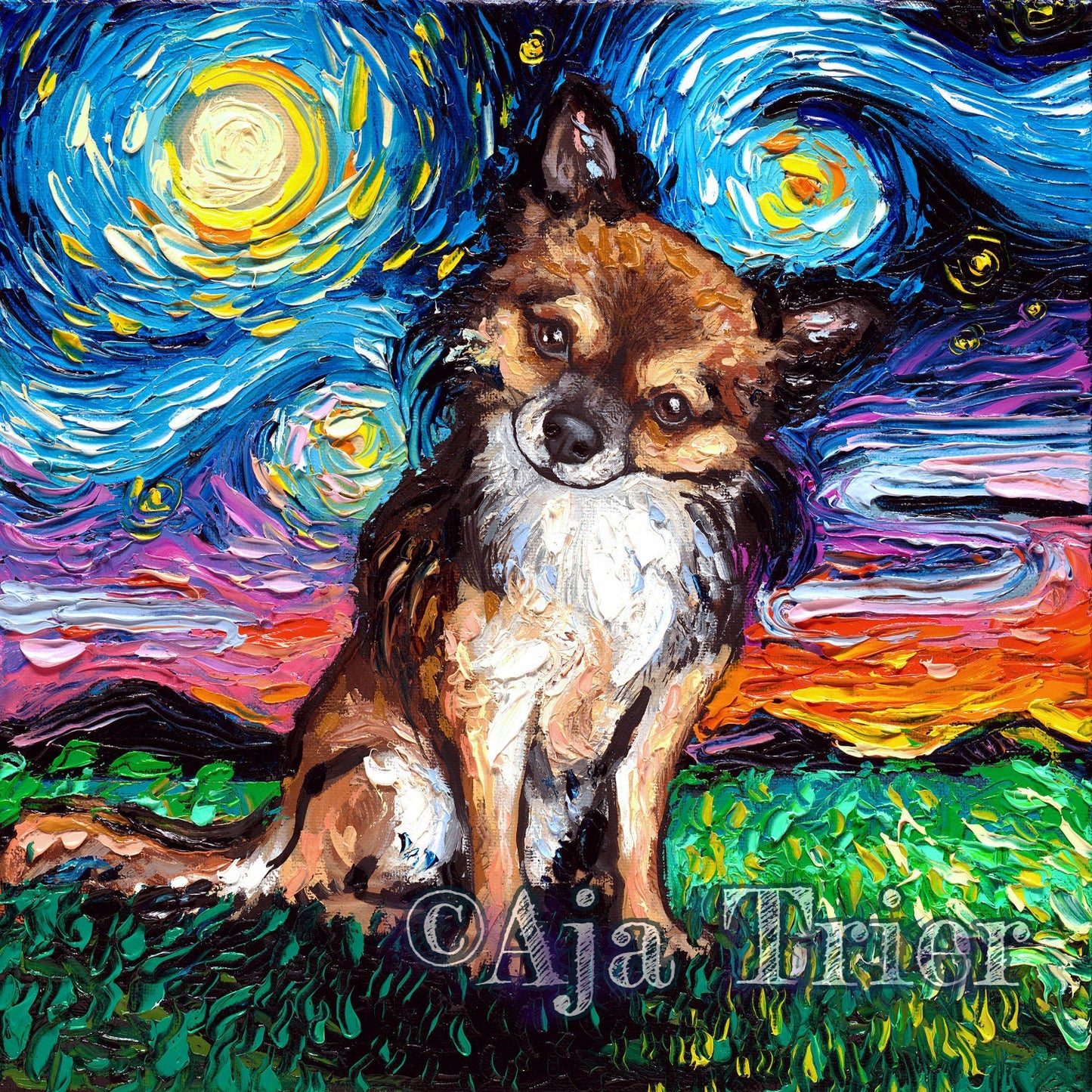 Long Haired Chihuahua Starry Night Art Print dog lover gift cute art by Aja pup puppy choose size and type of paper