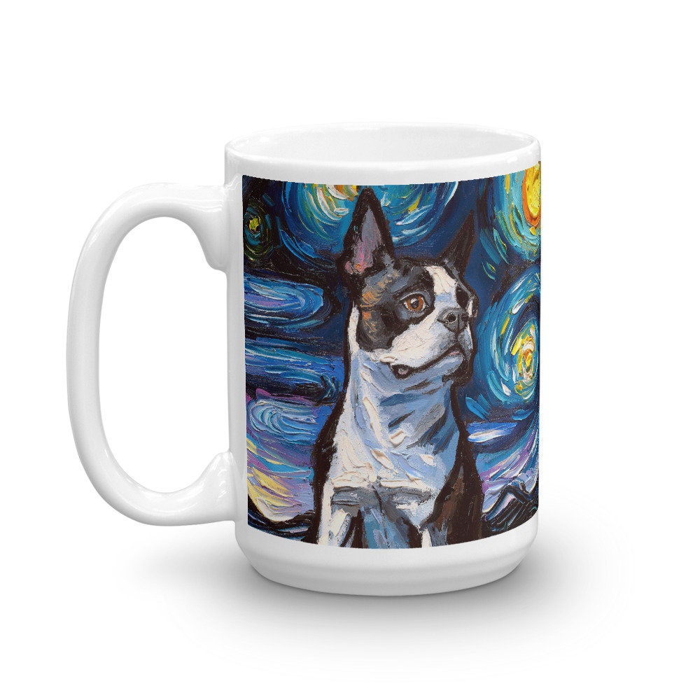 Boston Terrier Portrait Coffee Mug Dog Lover Starry Night Art by Aja ceramic cup cute black and white dog drinkware