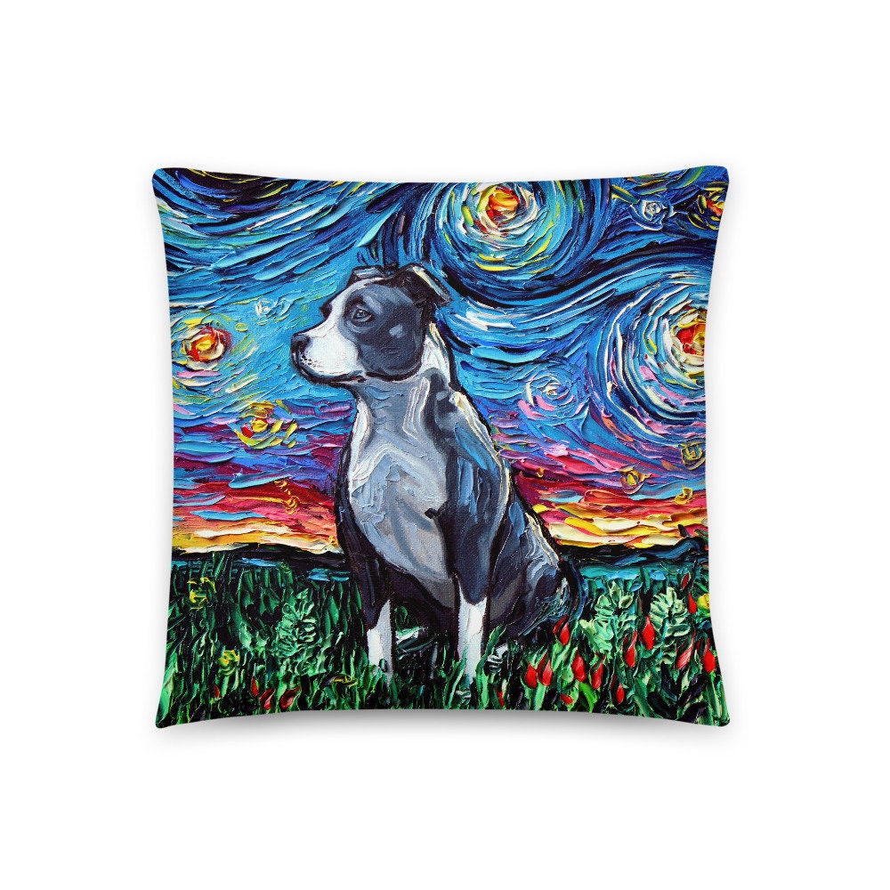 Pitbull Dog Lover Starry Night Basic Throw Pillow Art by Aja 16x16 or 20x20 inches stuffed