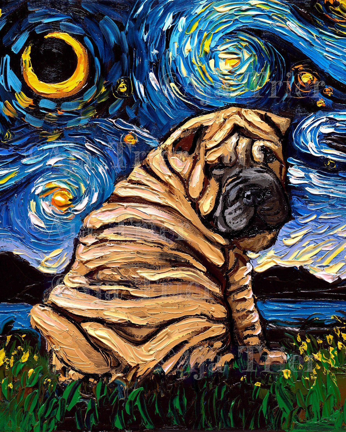 SharPei Puppy Art Starry Night Art Print dog picture by Aja choose size or Photo Paper Watercolor Paper