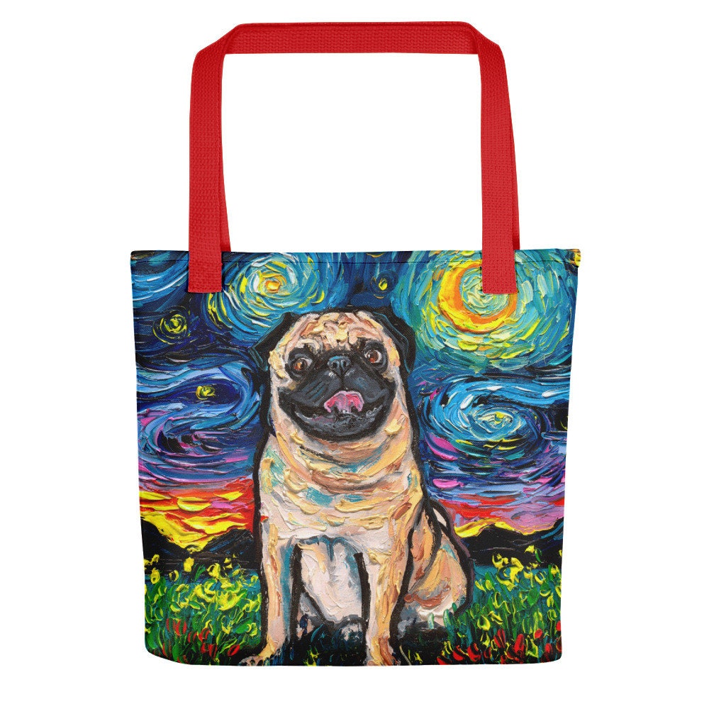 Fawn Pug Dog Starry Night Tote bag handbag artwork by Aja dog lover gift 15x15 inches printed both sides