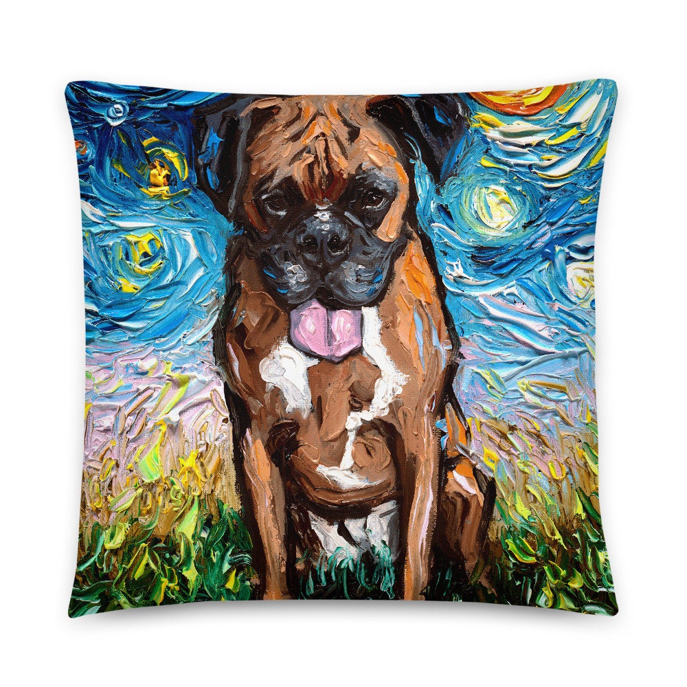 Cute Boxer Dog Lover Starry Night Basic Throw Pillow Art by Aja 16x16 or 20x20 inches stuffed home decor