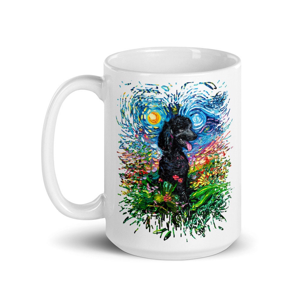 Black Standard Poodle and Flowers Starry Night Coffee Mug Dog Lover Art by Aja ceramic cup