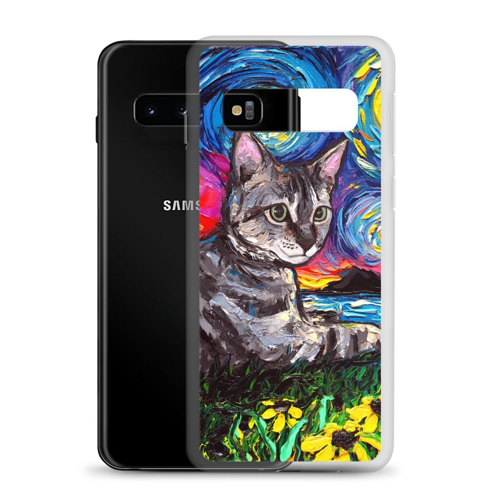 Gray Tabby Cat with flowers Starry Night Samsung Case Android Phone Cover Art by Aja S10 S10+ S10e S20 S20FE S20+ S20U S21 S21+ S21U