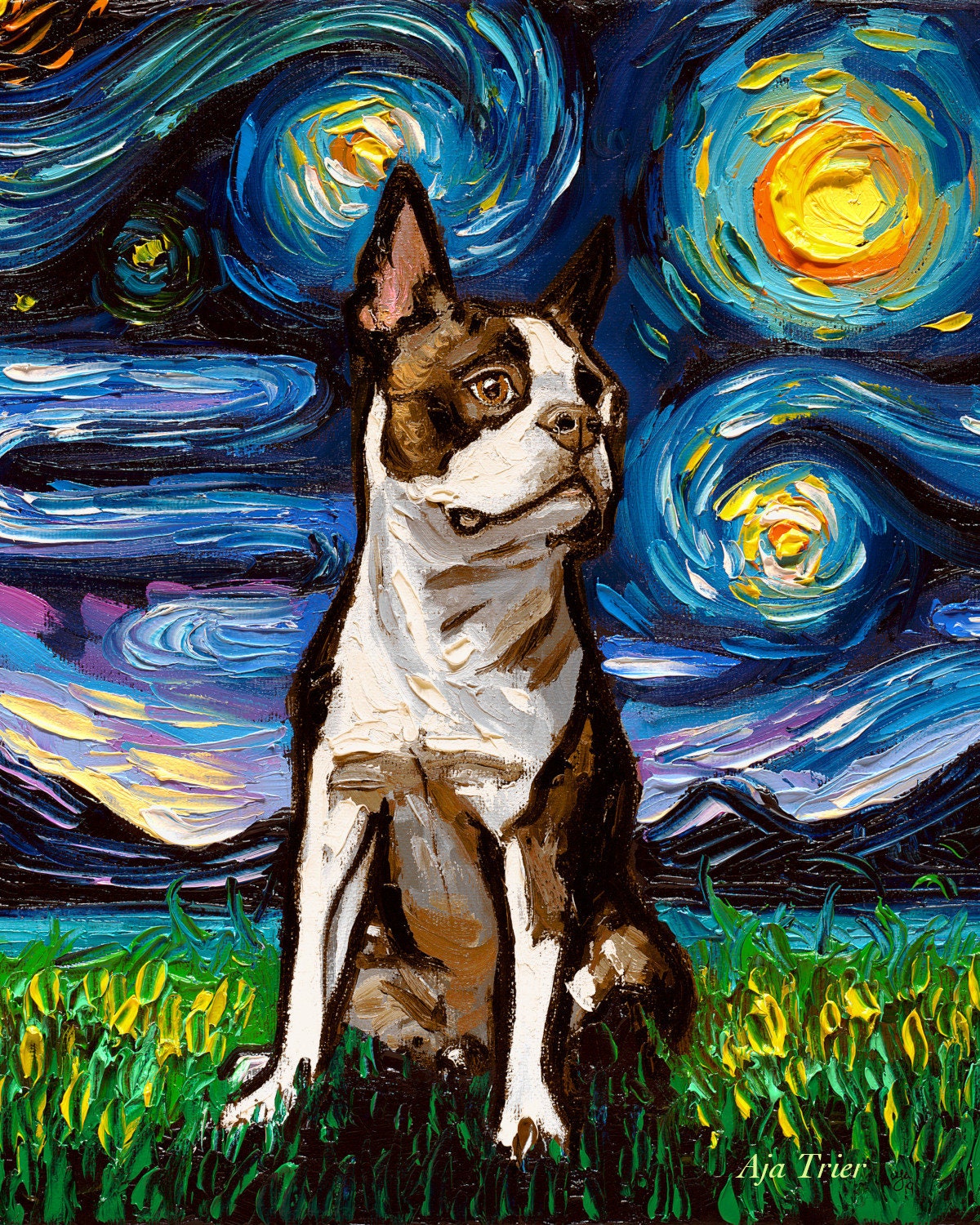 Brown and white Boston Terrier Portrait Art Starry Night Art Print dog picture by Aja choose size Photo Paper Watercolor Paper