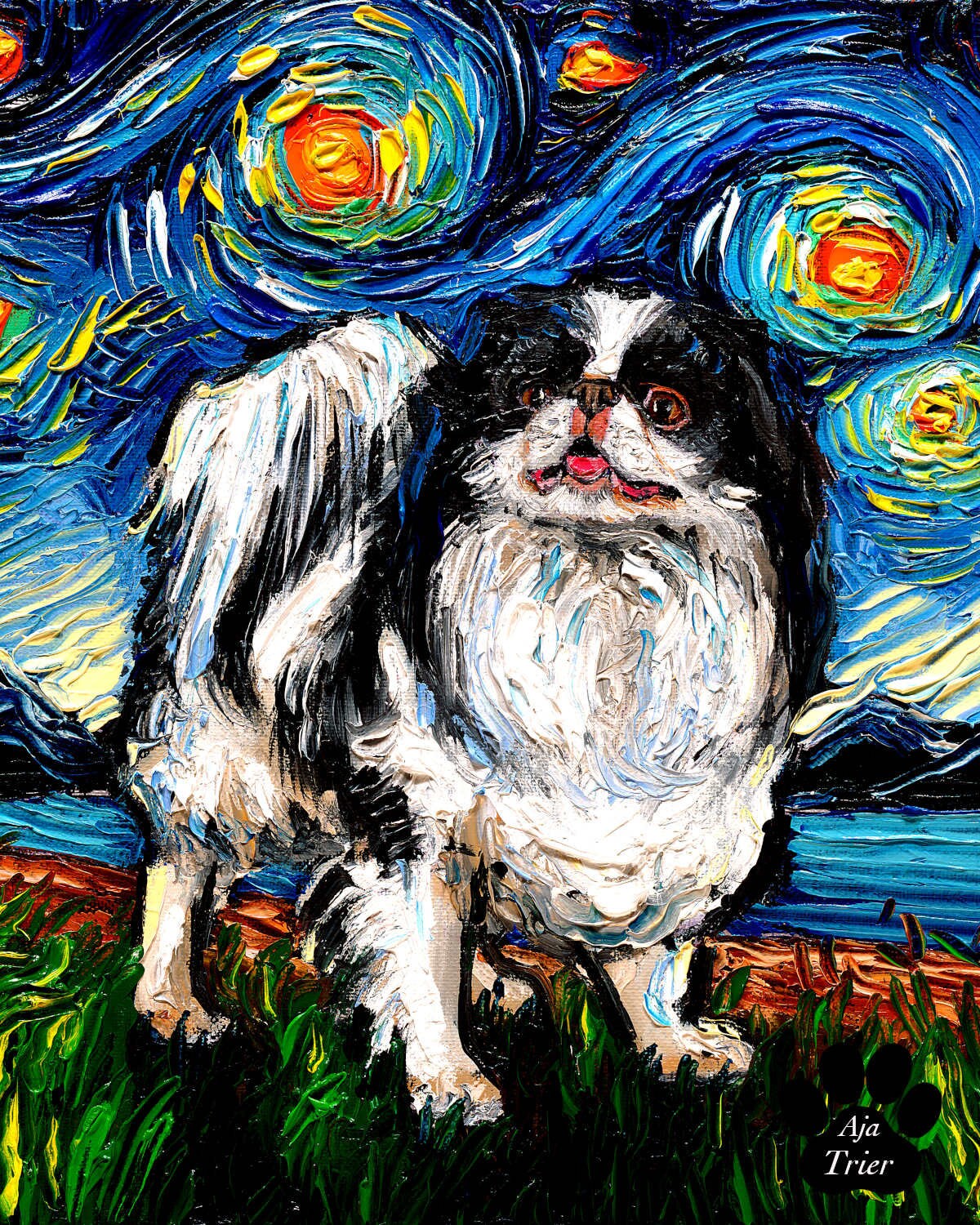 Black and White Japanese Chin Night Art CANVAS print Starry Night Dog Ready to Hang wall decor artwork by Aja Japanese Spaniel