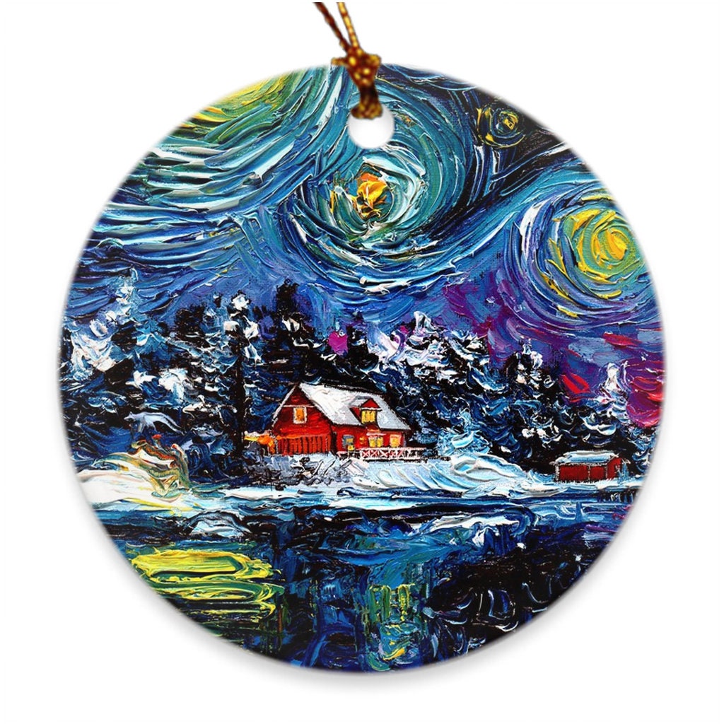 Winter Wonderland Art Starry Night Cabin 3x3 Inch Christmas Ornament Printed On Both Sides Ceramic Heirloom Tree Decoration