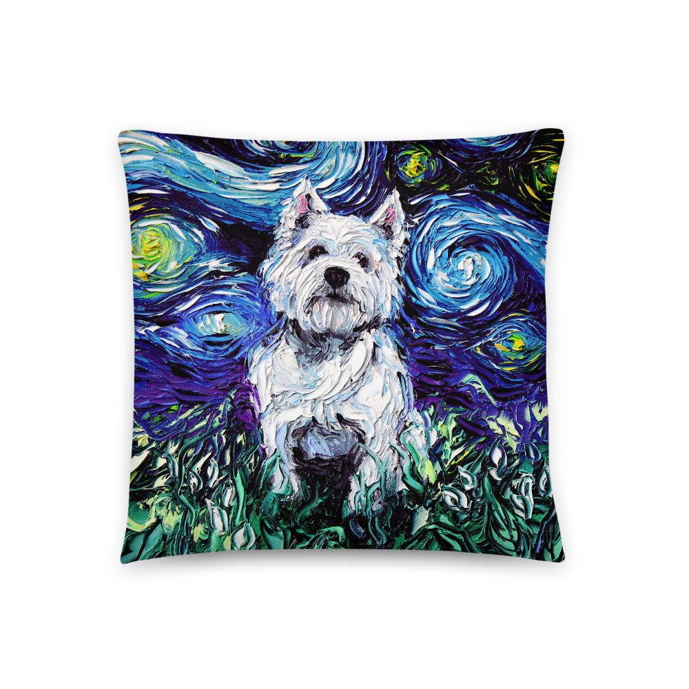 Westie West Highland Terrier Dog Lover Starry Night Basic Throw Pillow Art by Aja comes with insert 16x16 or 20x20 inches stuffed