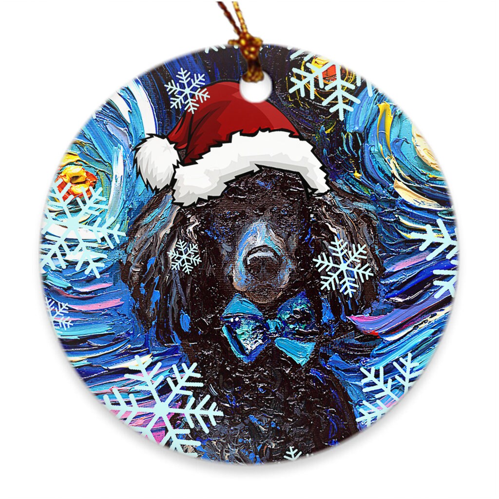 Black Poodle Dog In Santa Hat Art Starry Night 3x3 Inch Christmas Ornament Printed On Both Sides Ceramic Heirloom Tree Decoration