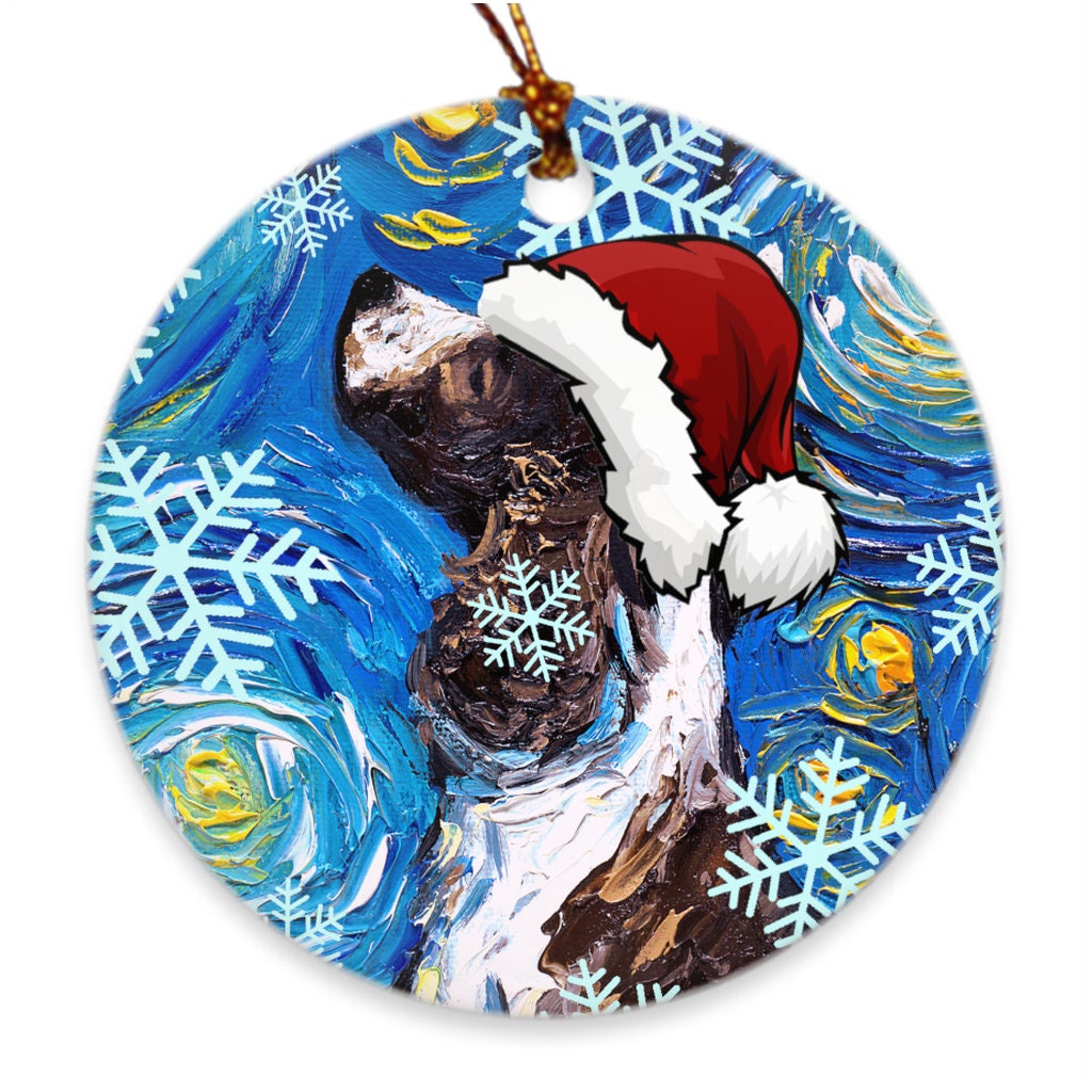 English Springer Spaniel In Santa Hat Art Starry Night 3x3 Inch Christmas Ornament Printed On Both Sides Ceramic Heirloom Tree Decoration