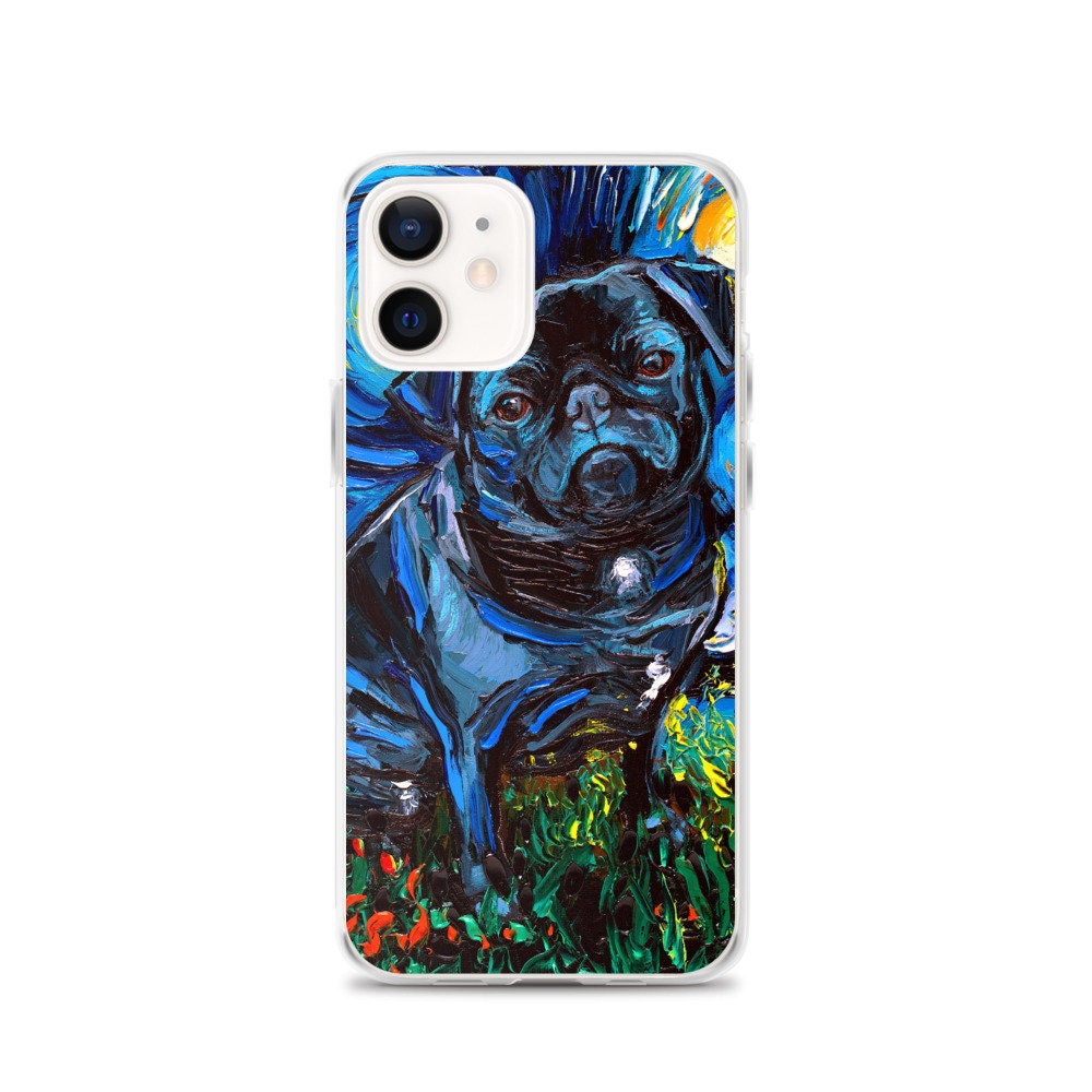 Black Pug Night iPhone Case Dog Lover Phone Protector Starry Night Art by Aja