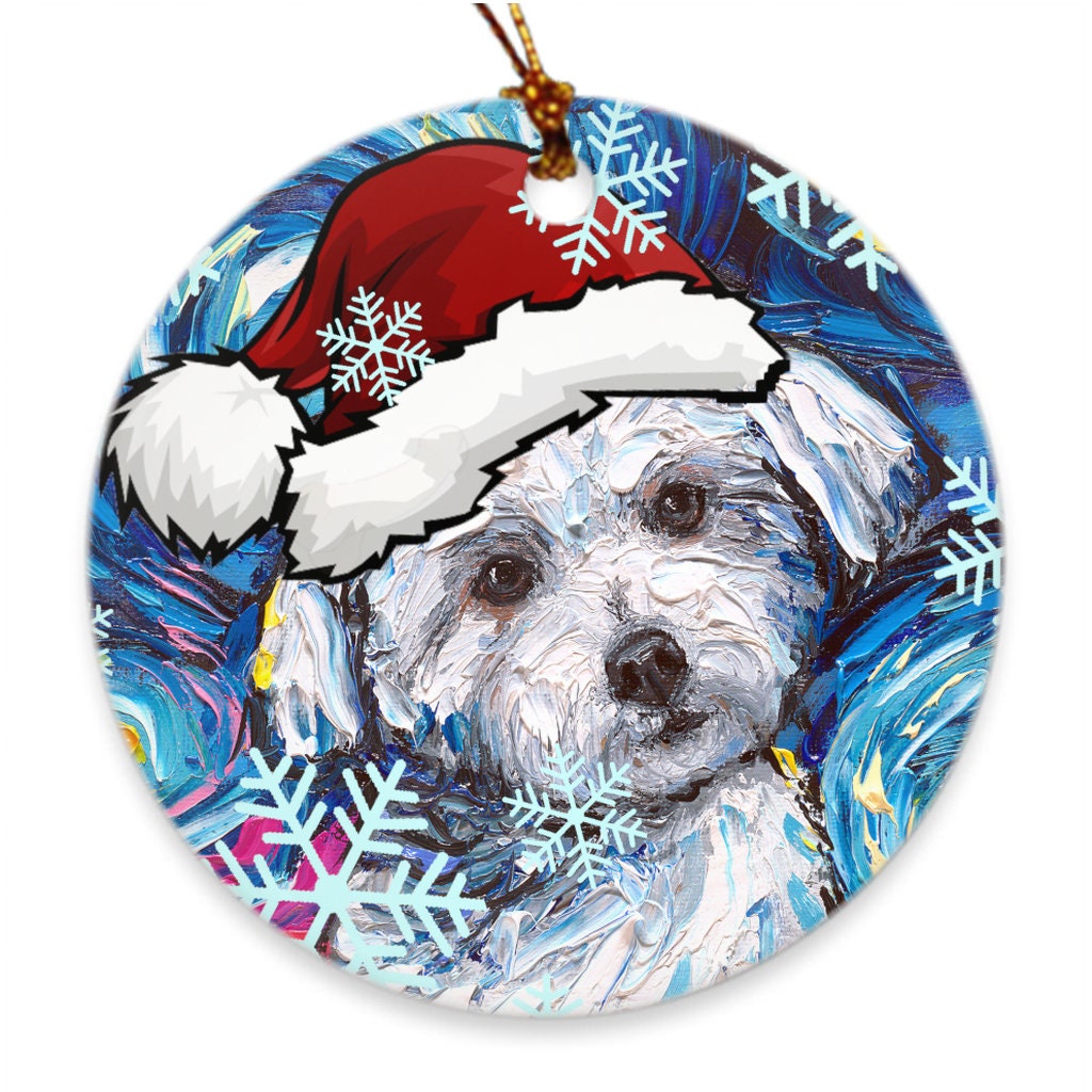Digital Download of my Maltese in Santa hat Starry Night art by Aja PNG file print your own Christmas ornament / greeting card