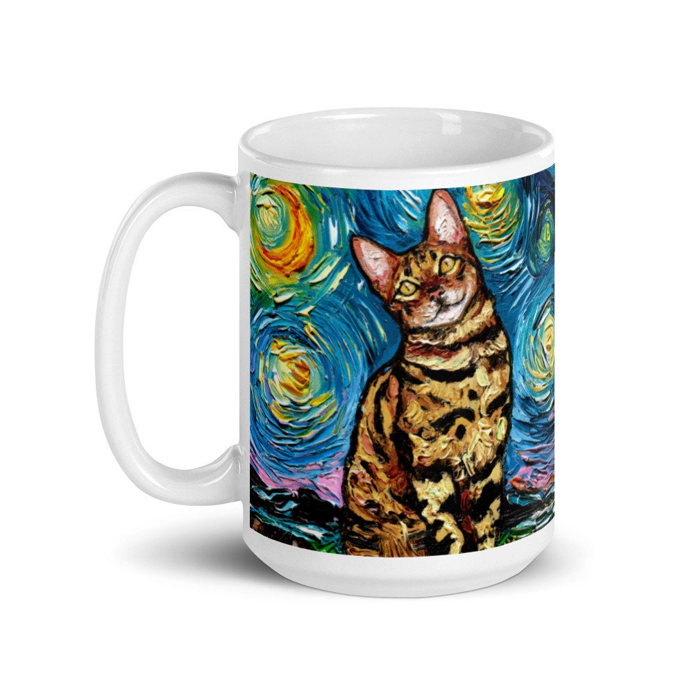 Bengal Cat Coffee Mug Starry Night Animal Art by Aja ceramic coffee cup artwork home goods kitchen housewarming gift cocoa tea mug