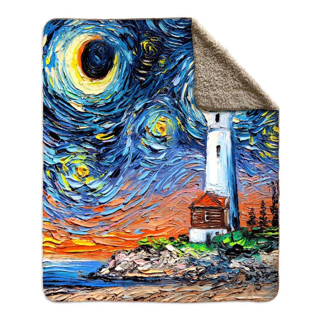 Coastal Lighthouse Starry Night 60x50 Inch Fleece Sherpa Blanket