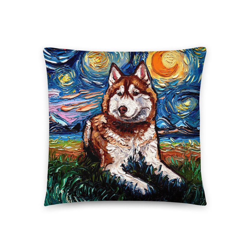Red and White Siberian Husky Dog Lover Starry Night Basic Throw Pillow with insert Art by Aja home decor