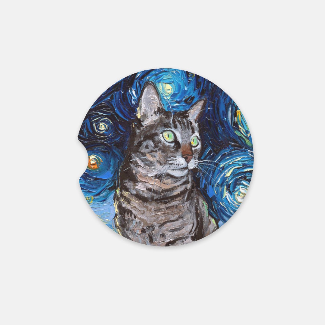 Soapstone Car Coasters Tabby Cat Starry Night Pet Lover Artwork by Aja Free ship in US choose 1 or a pair of 2