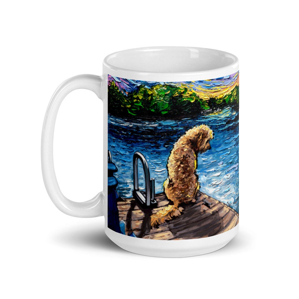 Coffee Mug Goldendoodle on Dock of Lake Dog Lover Starry Night Art by Aja ceramic cup Landscape Poodle Mix Artwork