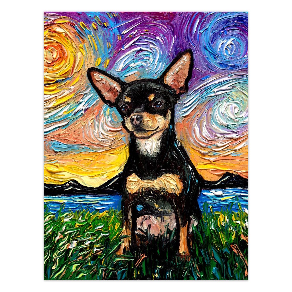 Folded Blank Greeting Cards Black And Tan Chihuahua Starry Night Dog 4.25x5.5 Inches With Envelopes Stationary Packs Of 1510 Or 25