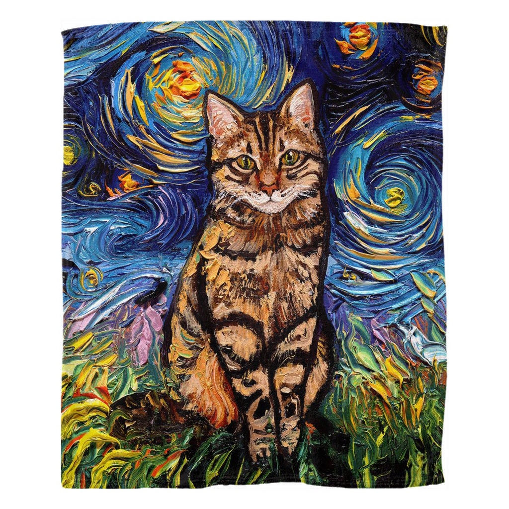 Brown Tabby Cat Starry Night 60x50 Inch Fleece Throw Blanket