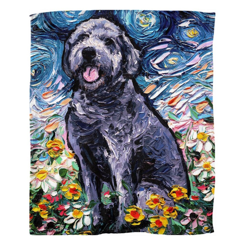 Gray Labradoodle Starry Night Dog 60x50 Inch Fleece Throw Blanket