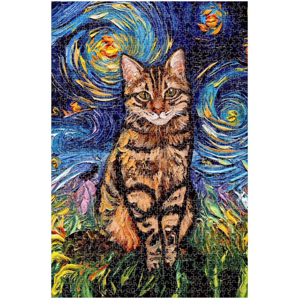 Premium Boxed Puzzles Brown Tabby Cat Starry Night Art By Aja Choose From Multiple Sizes Rainy Day Activity Puzzle