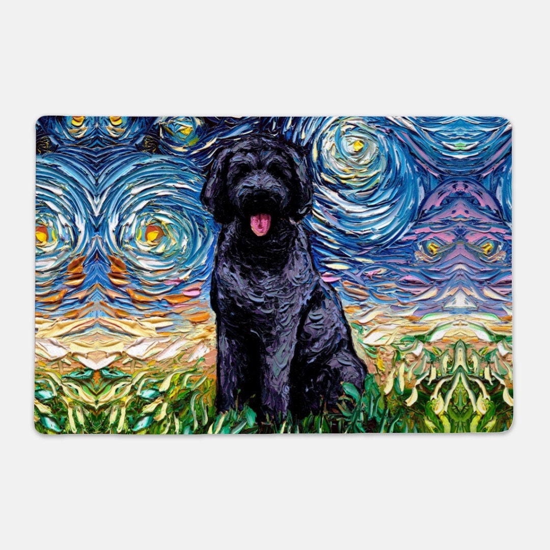 Pet Mat Black Goldendoodle Starry Night Dog Feeding Mat NonSlip Rubber 12x18 inches Art by Aja Pet Placemat Free Shipping Doodle Dog