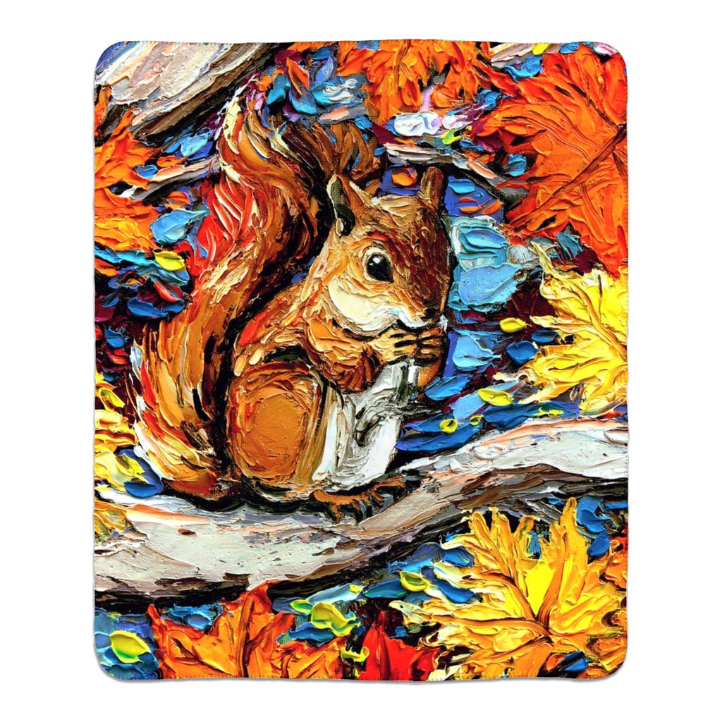 Premium Fleece Sherpa Throw Blanket Squirrel Autumn Leaves