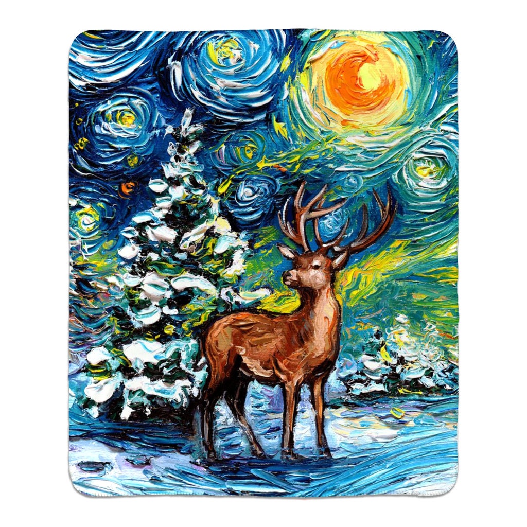 Fleece Sherpa Blanket Silent Starry Night Deer In Snowy Woods 60x50 Inch Throw