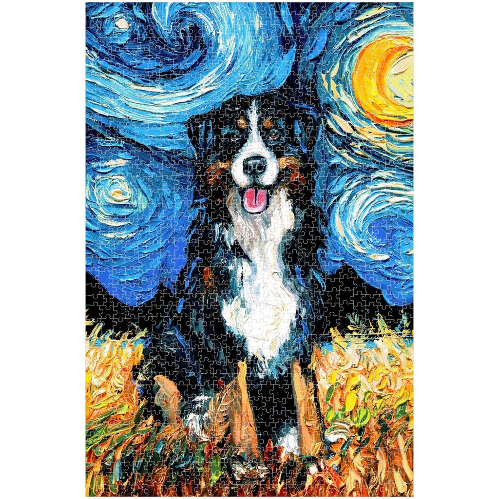 Premium Boxed Puzzles Bernese Mountain Dog Starry Night Art By Aja Rainy Day Activity Game Choose From Multiple Sizes