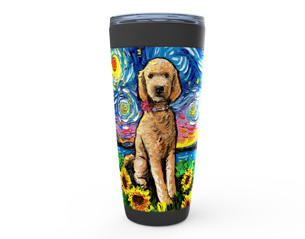 Goldendoodle And Sunflowers Starry Night Dog Viking Tumbler Insulated Stainless Steel Drinkware Art By Aja