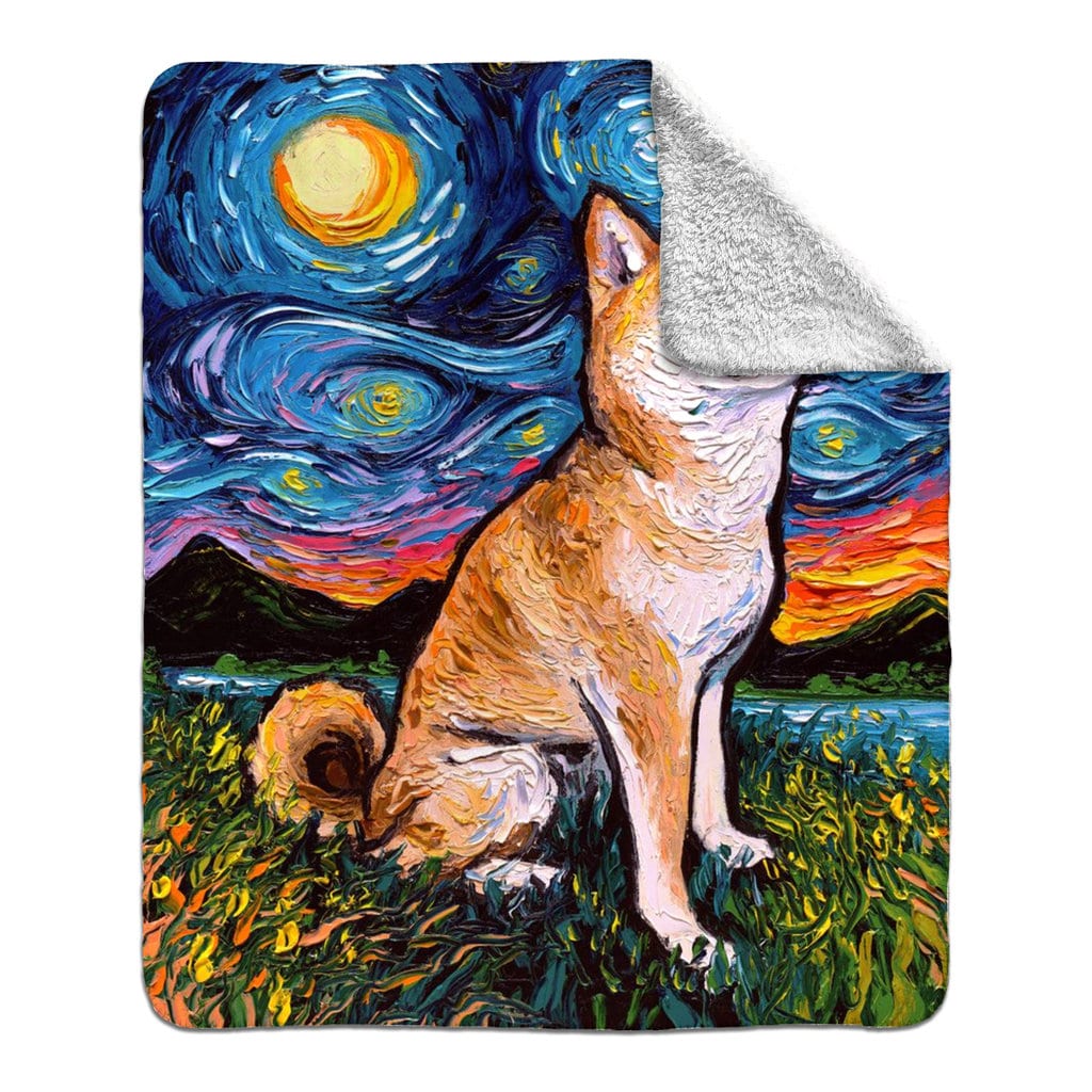 Fleece Sherpa Blanket Shiba Inu Forward Seated Starry Night Dog 60x50 Inches
