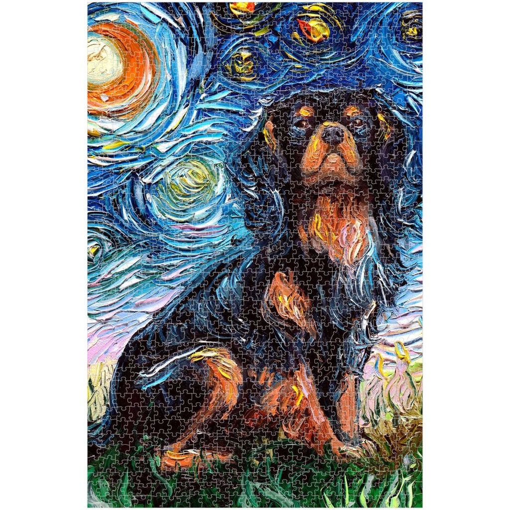 Premium Boxed Puzzles Black And Tan Cavalier King Charles Spaniel Starry Night Dog Art By Aja Choose From Multiple Sizes