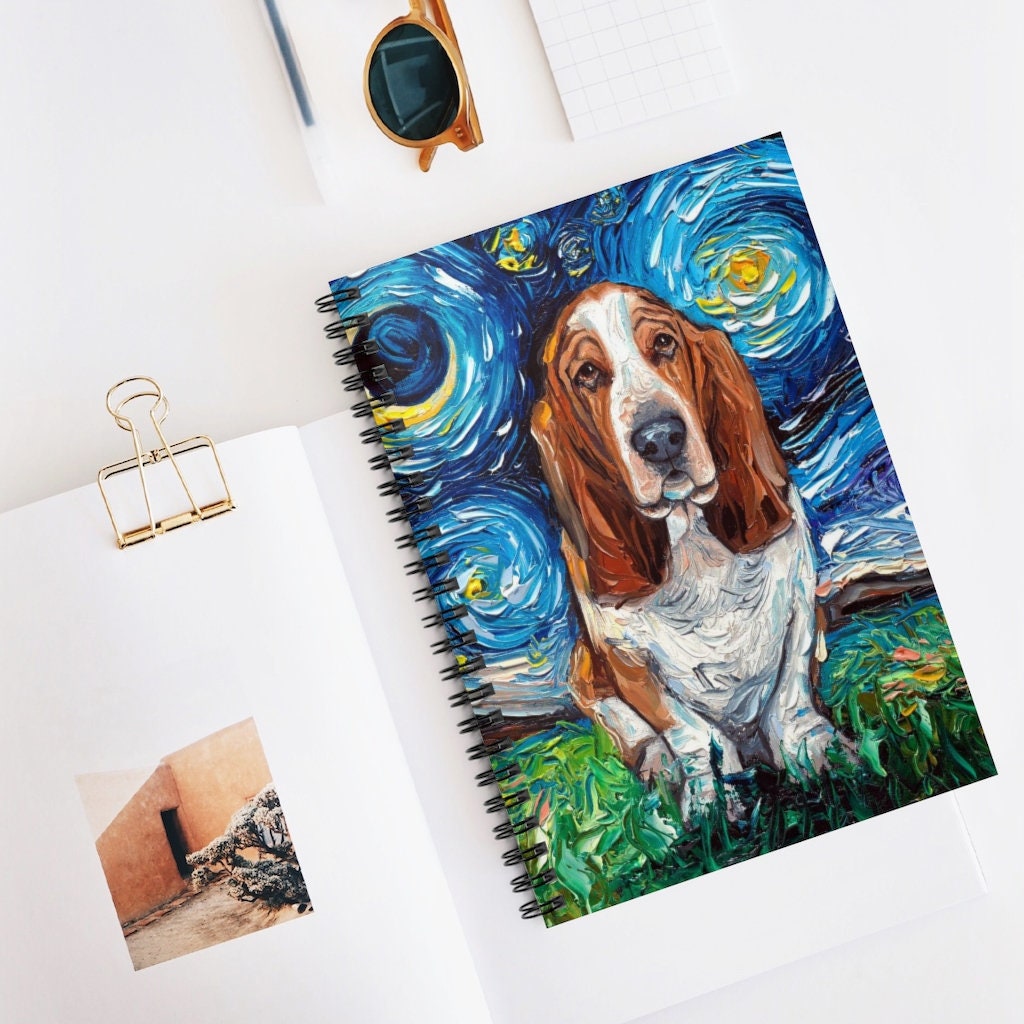 Spiral Notebook Ruled Line Basset Hound Starry Night Dog Soft Cover 8x6x.6 inch Journal Stationary Art by Aja Free shipping